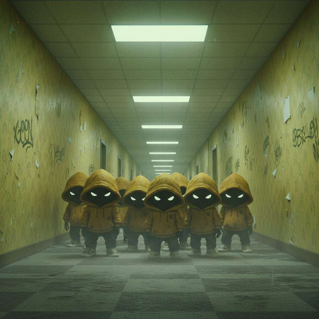 hooded goon squad lost in the endless yellow hallway